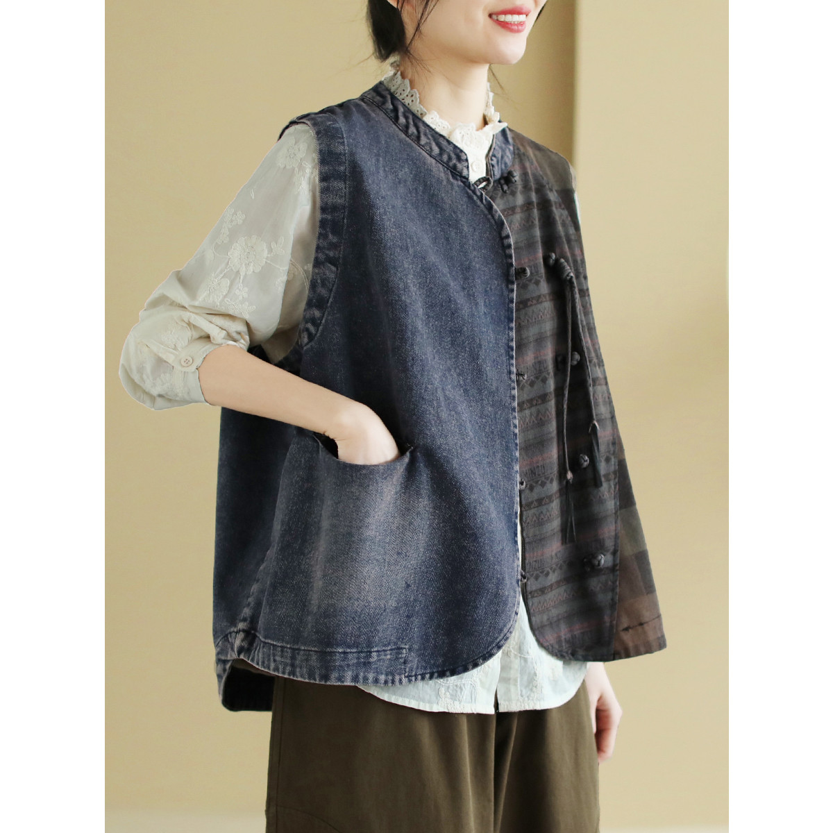 vintage 落書き装飾デニムベスト プリント デニムベスト オリジナルモ チーフ カットオフデザイン