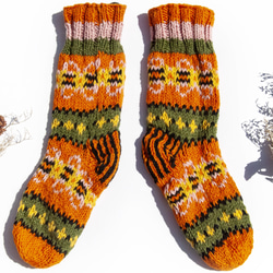手織羊毛針織襪/條紋襪/羊毛鉤織長襪/保暖毛襪-北歐費爾島風橘子 手工編織長襪 聖誕節交換禮物 好友生日禮物 母親節 第3張的照片