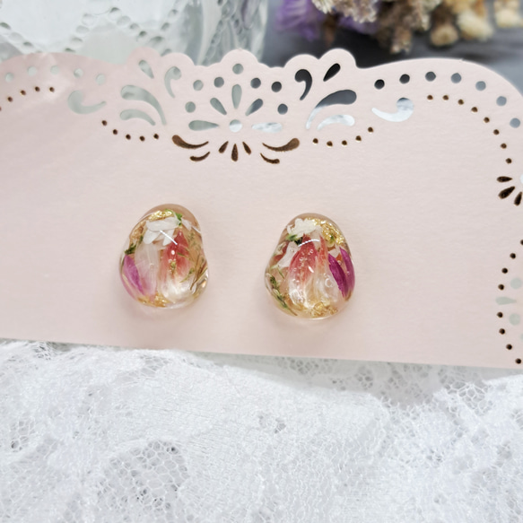 R101】レジン ステンレスピアス ドライフラワー アリッサム 