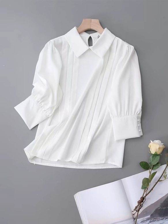 七分袖白シャツ女2024デザイン感バブル袖 1枚目の画像