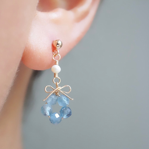 ネモフィラの花結」ピアス イヤリング アクアマリン 淡水パール リボン