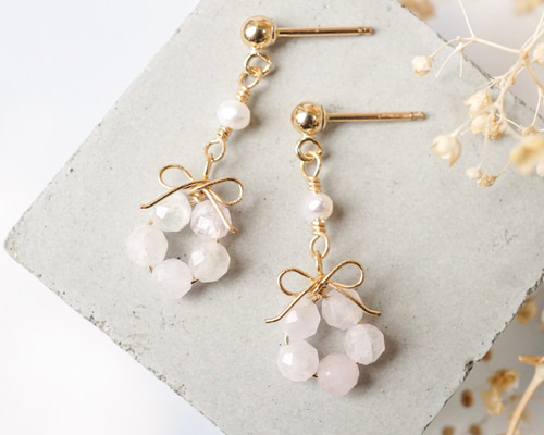 桜の花結」モルガナイト×淡水パール／天然石リボンアクセサリー