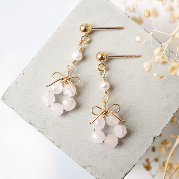 桜の花結」モルガナイト 淡水パール ピアス イヤリング リボン 天然石