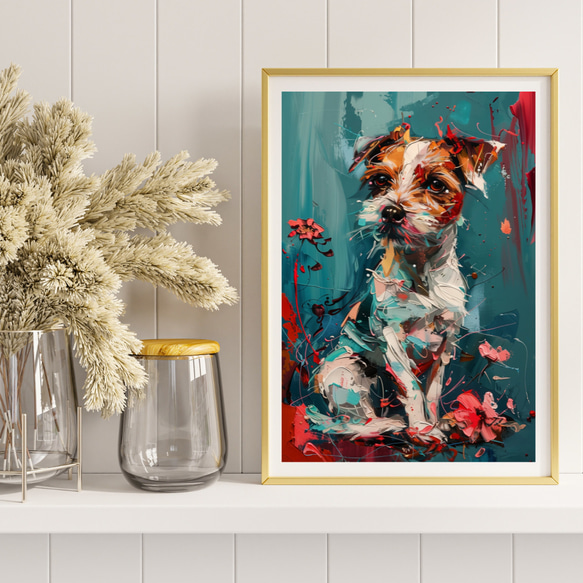 【犬花爛漫 - ジャックラッセルテリア犬 No.1】モダンアートポスター 犬の絵 犬の絵画 犬のイラスト 8枚目の画像