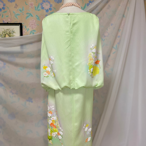 着物リメイク ミントグリーン 友禅染 ケープスリーブドレス