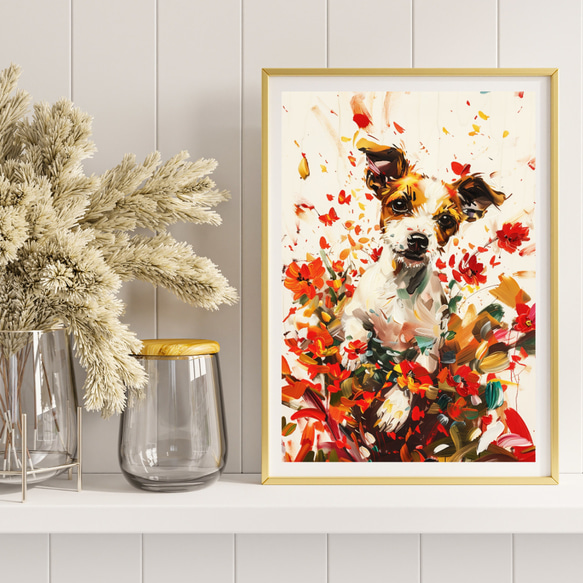 【犬花爛漫 - ジャックラッセルテリア犬 No.2】モダンアートポスター 犬の絵 犬の絵画 犬のイラスト 8枚目の画像