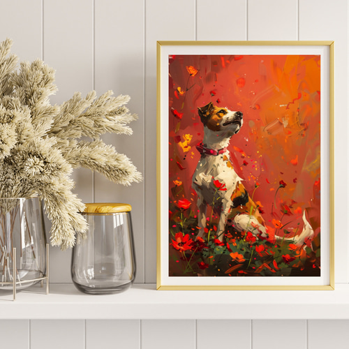 絵画　犬 犬花爛漫 - ジャックラッセルテリア犬 No.3】モダンアートポスター 犬