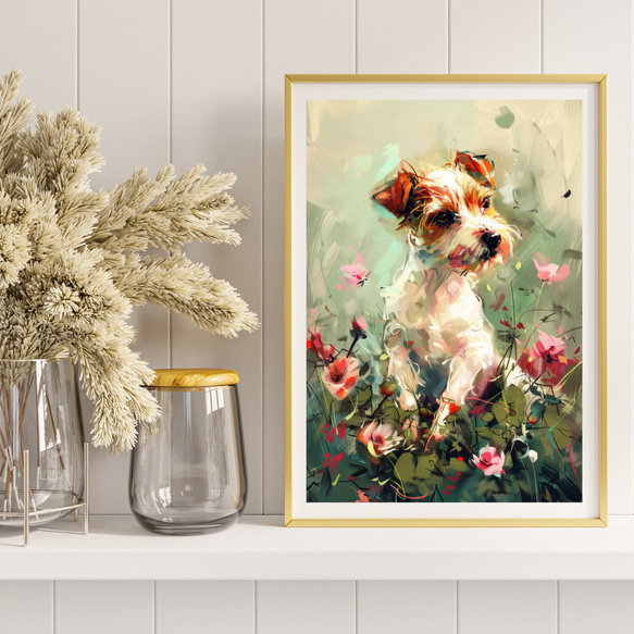 【犬花爛漫 - ジャックラッセルテリア犬 No.4】モダンアートポスター 犬の絵 犬の絵画 犬のイラスト 8枚目の画像