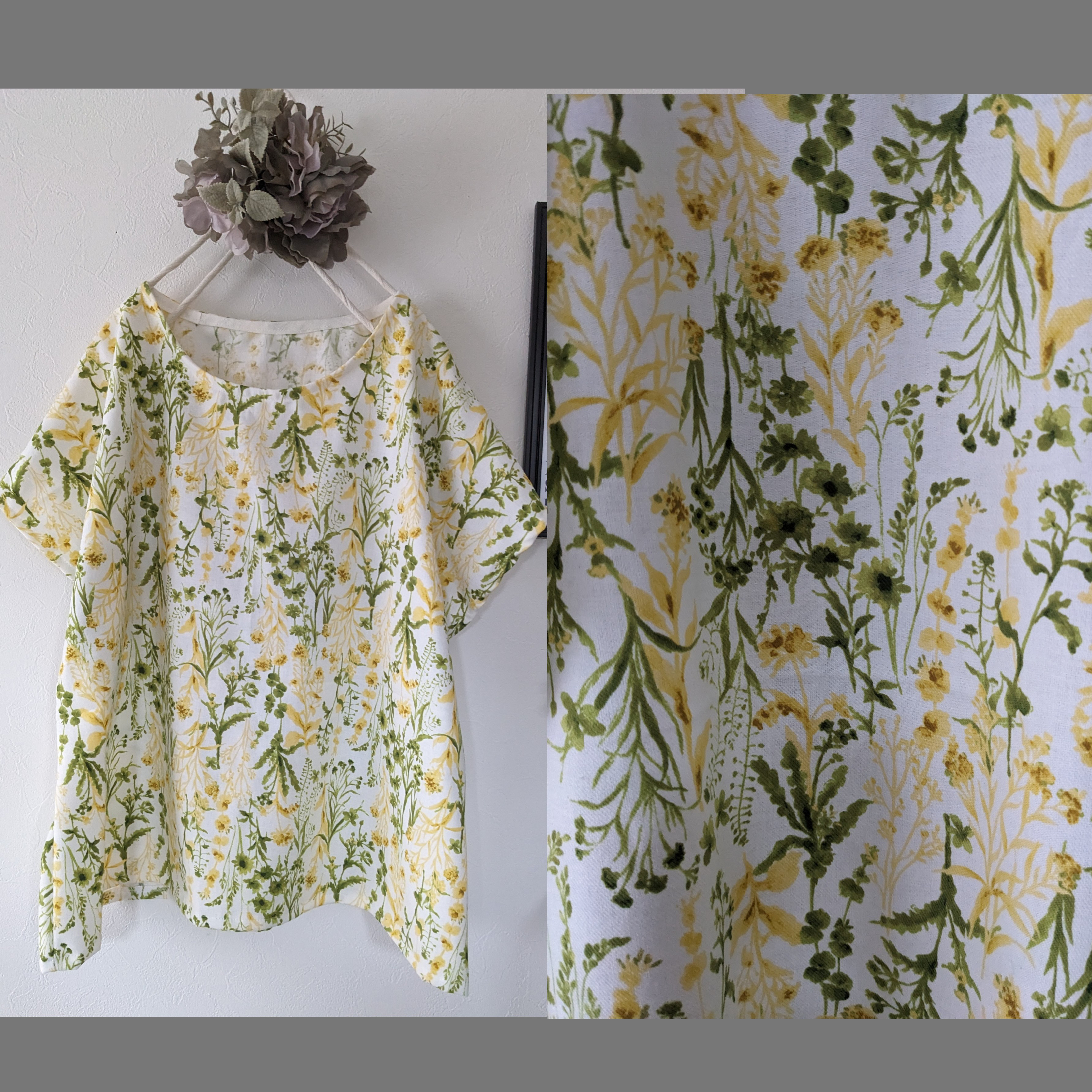 ♥イエロー草花柄半袖ブラウス♥コットン