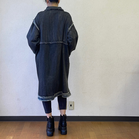 SALE デニム コート アウター レディース ロング 長袖 羽織り 体型カバー ダメージ ベルポニ ベルデニム 12枚目の画像