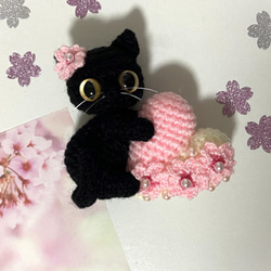 黒猫の桜ハート♡キーホルダー・ストラップ・ボールチェーン＊あみぐるみ♡受注製作品 8枚目の画像