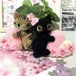 黒猫の桜ハート♡キーホルダー・ストラップ・ボールチェーン＊あみぐるみ♡受注製作品 10枚目の画像