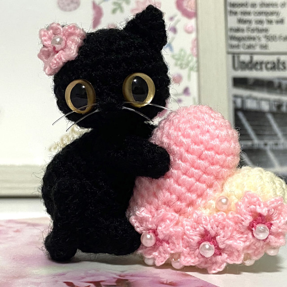 黒猫の桜ハート♡キーホルダー・ストラップ・ボールチェーン＊あみぐるみ♡受注製作品 3枚目の画像