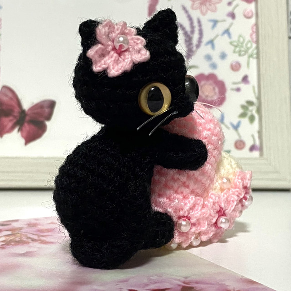 黒猫の桜ハート♡キーホルダー・ストラップ・ボールチェーン＊あみぐるみ♡受注製作品 5枚目の画像