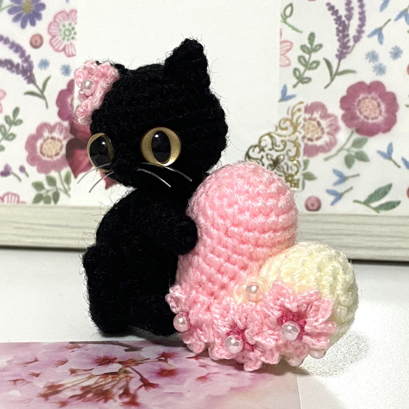 黒猫の桜ハート♡キーホルダー・ストラップ・ボールチェーン＊あみぐるみ♡受注製作品 6枚目の画像