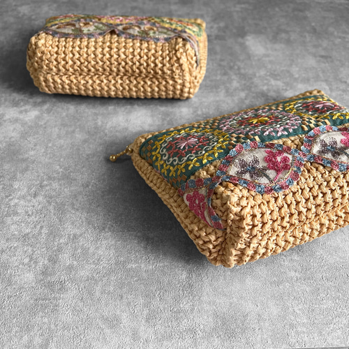 カゴバッグ素材のカゴポーチ インド刺繍/大きめサイズ/マルチポーチ【2