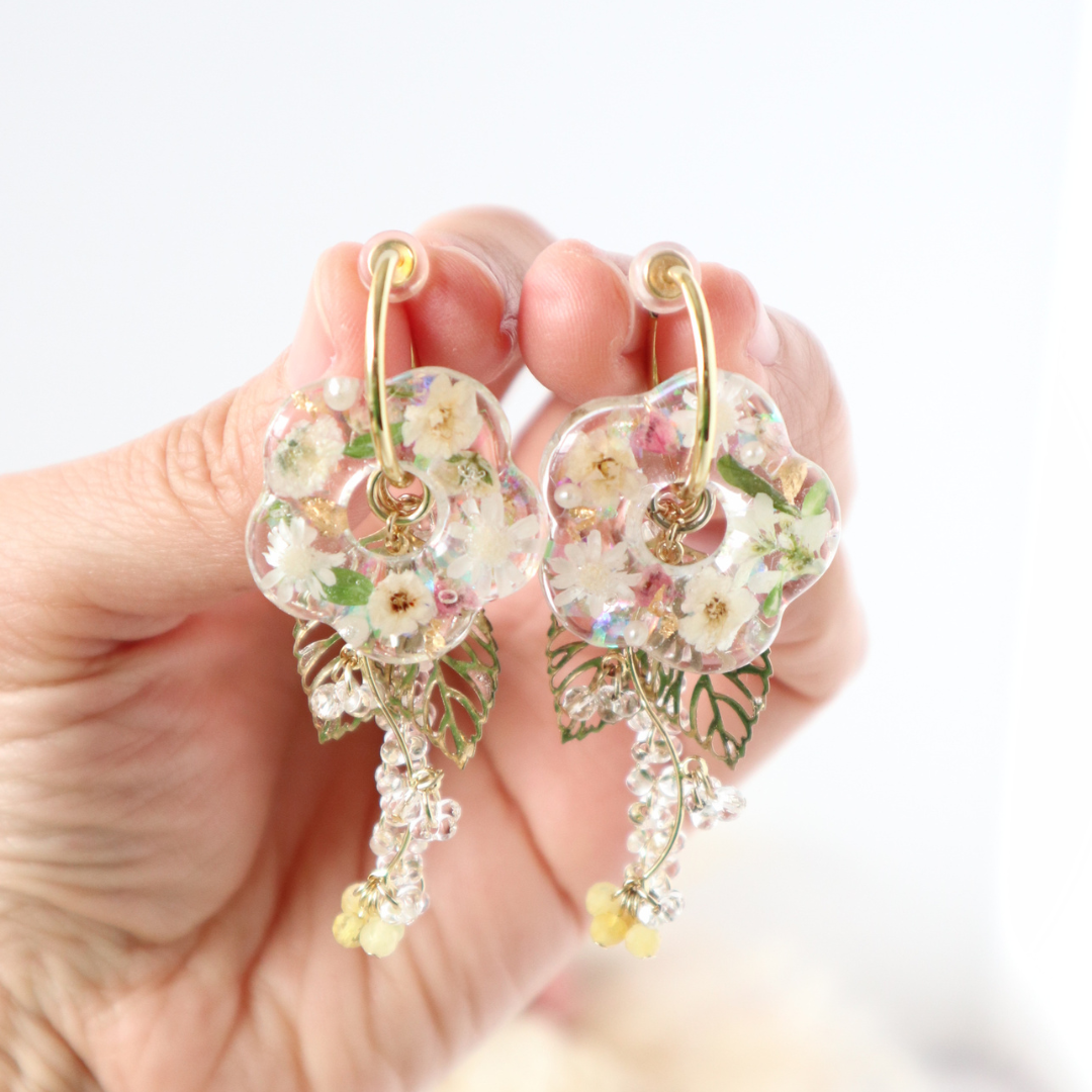 パーツ取り外し可能　マルチway　イエローオパール　水晶　お花　フープ　イヤリング　ピアス　プレゼント　記念日　送料無料
