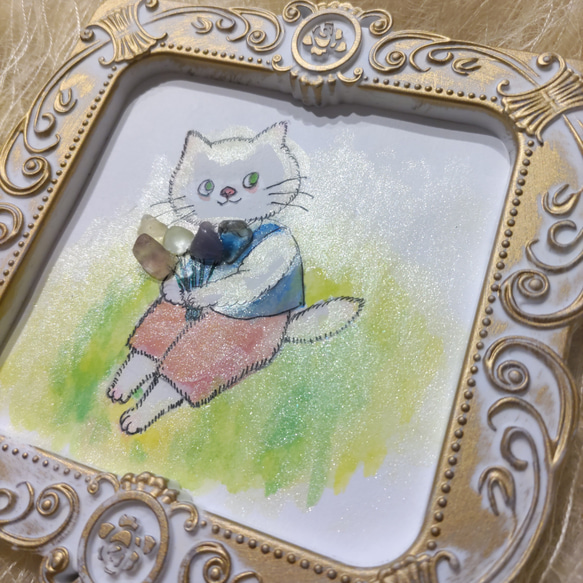 ねこちゃん　天然石アート　フローライト天才の石　花とねこくん 2枚目の画像