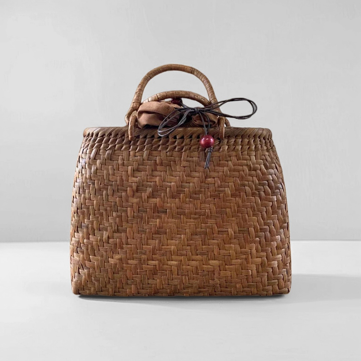 【お得】山葡萄かごバッグ 手作り 籠バッグ 網代編み (約)幅31×本体高さ24.5×マチ12cm