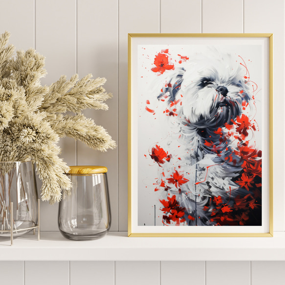 【犬花爛漫 - マルチーズ犬 No.2】モダンアートポスター 犬の絵 犬の絵画 犬のイラスト 8枚目の画像