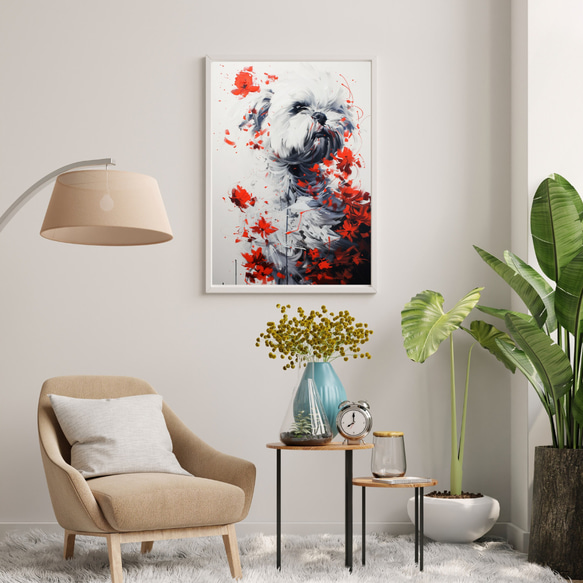 【犬花爛漫 - マルチーズ犬 No.2】モダンアートポスター 犬の絵 犬の絵画 犬のイラスト 7枚目の画像