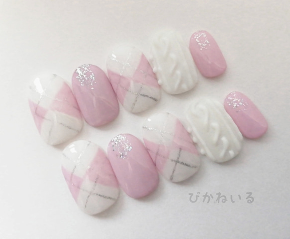 くすみピンク×アーガイル柄♡春ネイル ネイルチップ（つけ爪） ぴかね