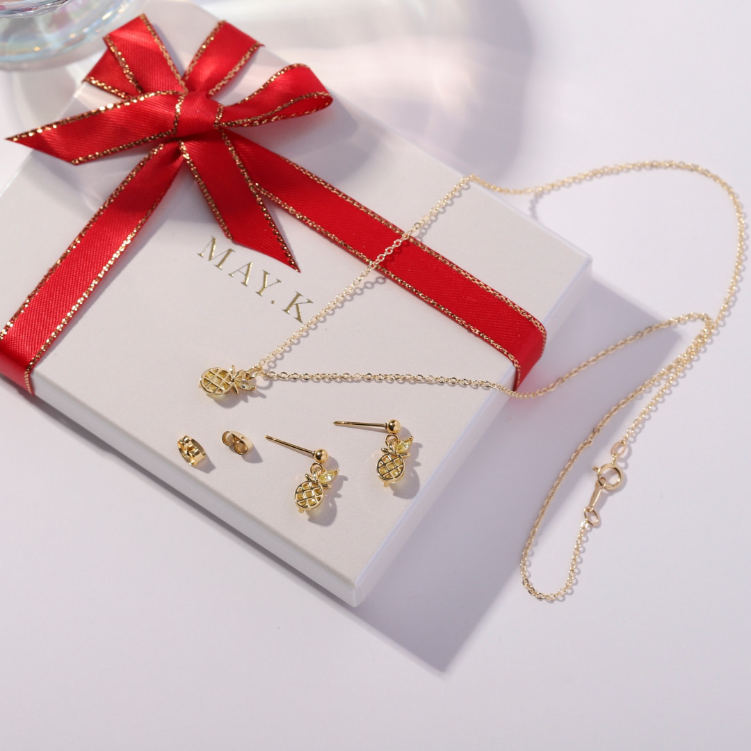 【BOX入】2点セット◇CZパイナップルピアス&ネックレス◇アレルギー対応◇果物◇ゴールド◇モチーフ