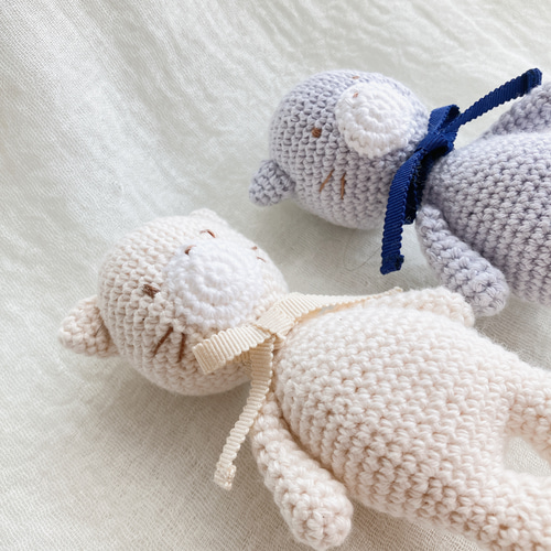 肌に優しいコットン100% 赤ちゃんのためのあみぐるみラトル⚘ねこ 出産