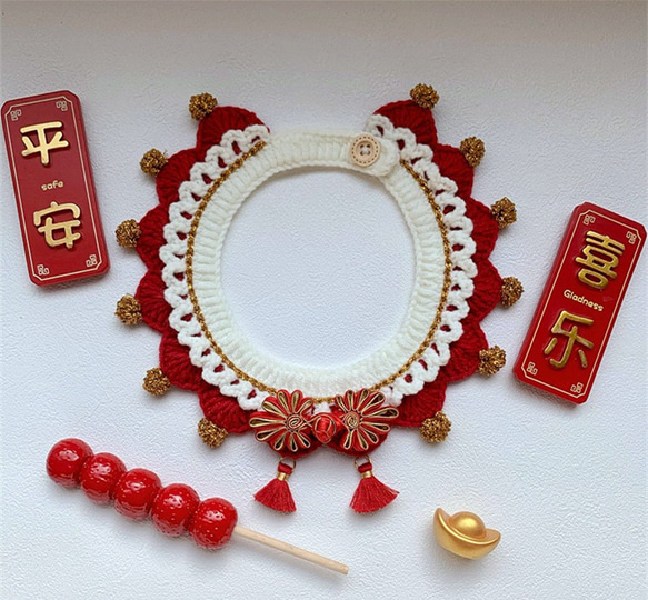 ✨金糸に紅白の首輪☆猫&犬&用襟型ペット☆結婚式の編んだ首輪 2枚目の画像