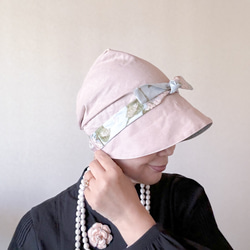 紫外線対策　おしゃれ　UV プリム付き　ケア帽子　ダスティピンク　リバティーライラック　リボン　2ウェイ　母の日 2枚目の画像