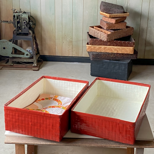 野原竹細工 つづらの衣装入れ小 一閑張り 朱 その他家具 野原竹細工