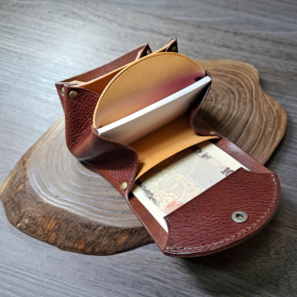 イタリアンレザーのミニ財布 アコーディオンウォレット ダークブラウン/ナチュラル ◇コンパクト財布 ポーチ 財布 本革 2枚目の画像