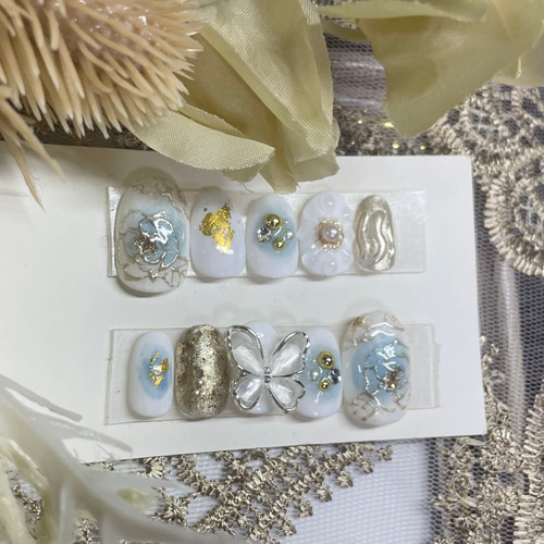 サイズオーダー♡ ミラーフラワー×チークネイルチップ ブルー size  