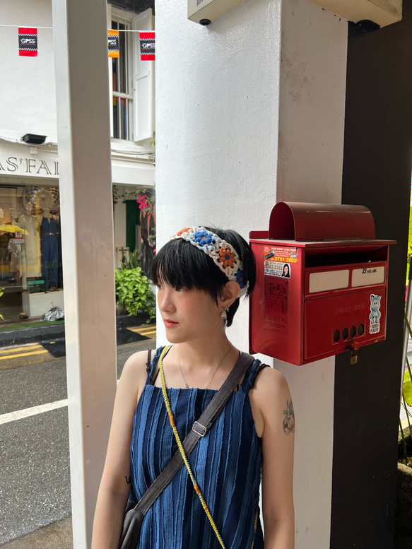 かぎ針編み\中空タイルデザイン\ヘアバンド\ブルーシリーズ 1枚目の画像