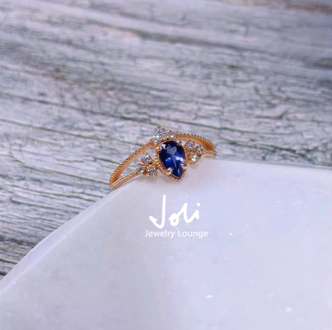 【フラワーダンス】天然アイオライト ペアシェイプ ドロップ キラキラ ダブルアームリング レトロ ゴージャス 花  指輪