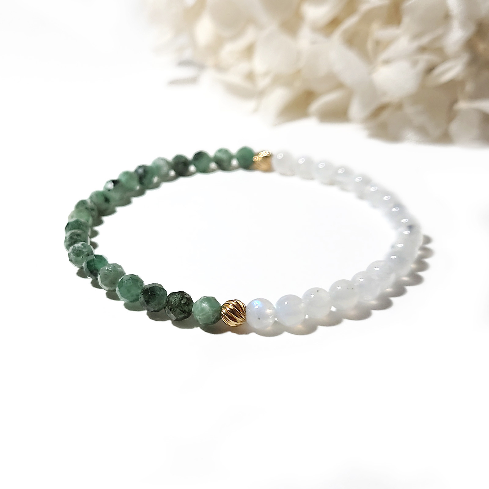 Half／エメラルド×レインボームーンストーン×14kgf　ハーフブレスレット