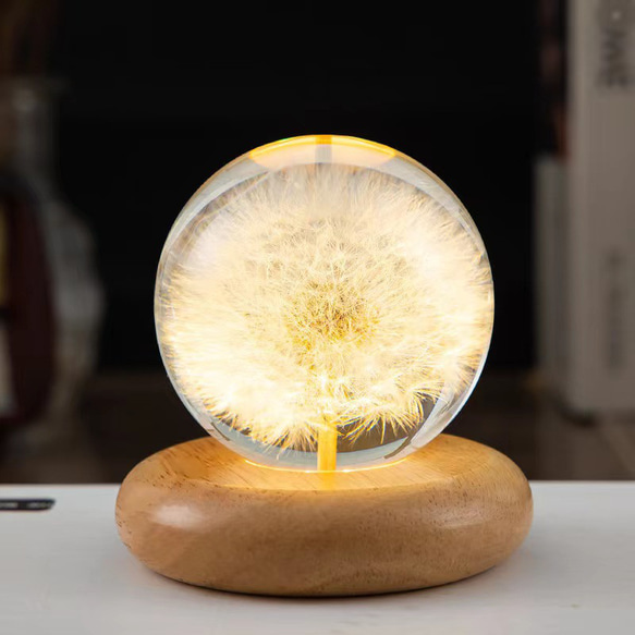 本物のたんぽぽ綿毛 レジンランプ 木製台座 卓上ライト LED 間接照明