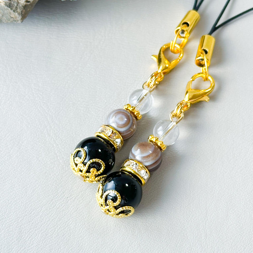 お守りストラップ 厄く除け 水晶チャーム 天眼石（メノウ） モリオン