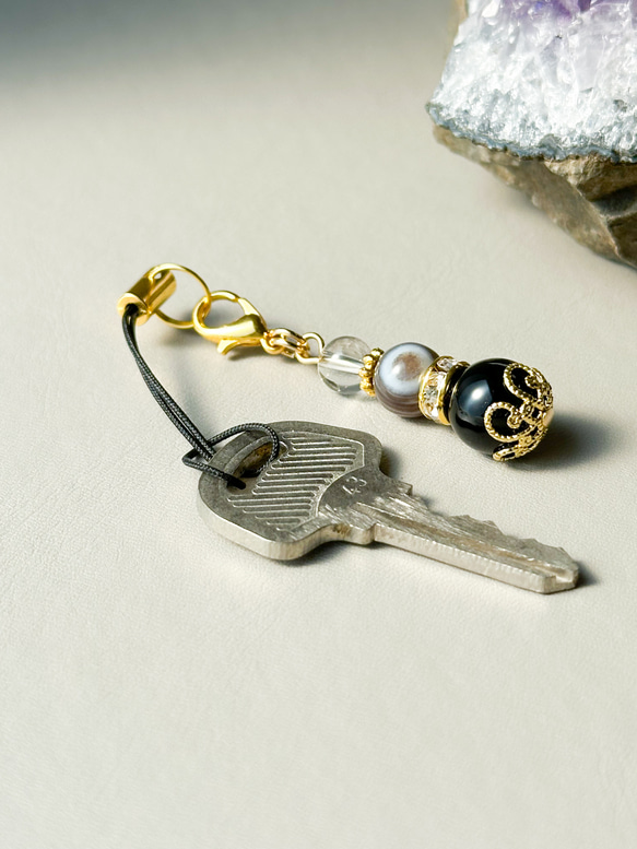 お守りストラップ 厄く除け 水晶チャーム 天眼石（メノウ） モリオン