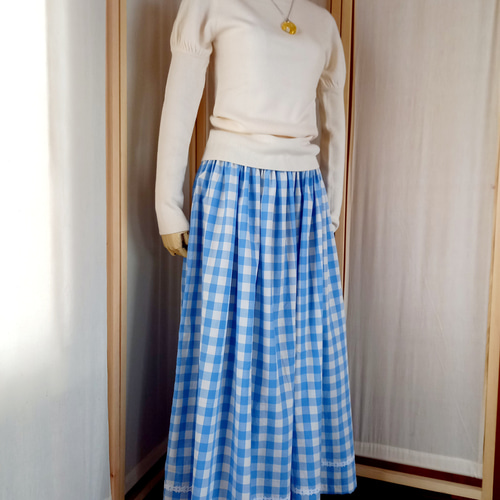 春色のふんわりギャザースカート☆空色ギンガムチェック ロング