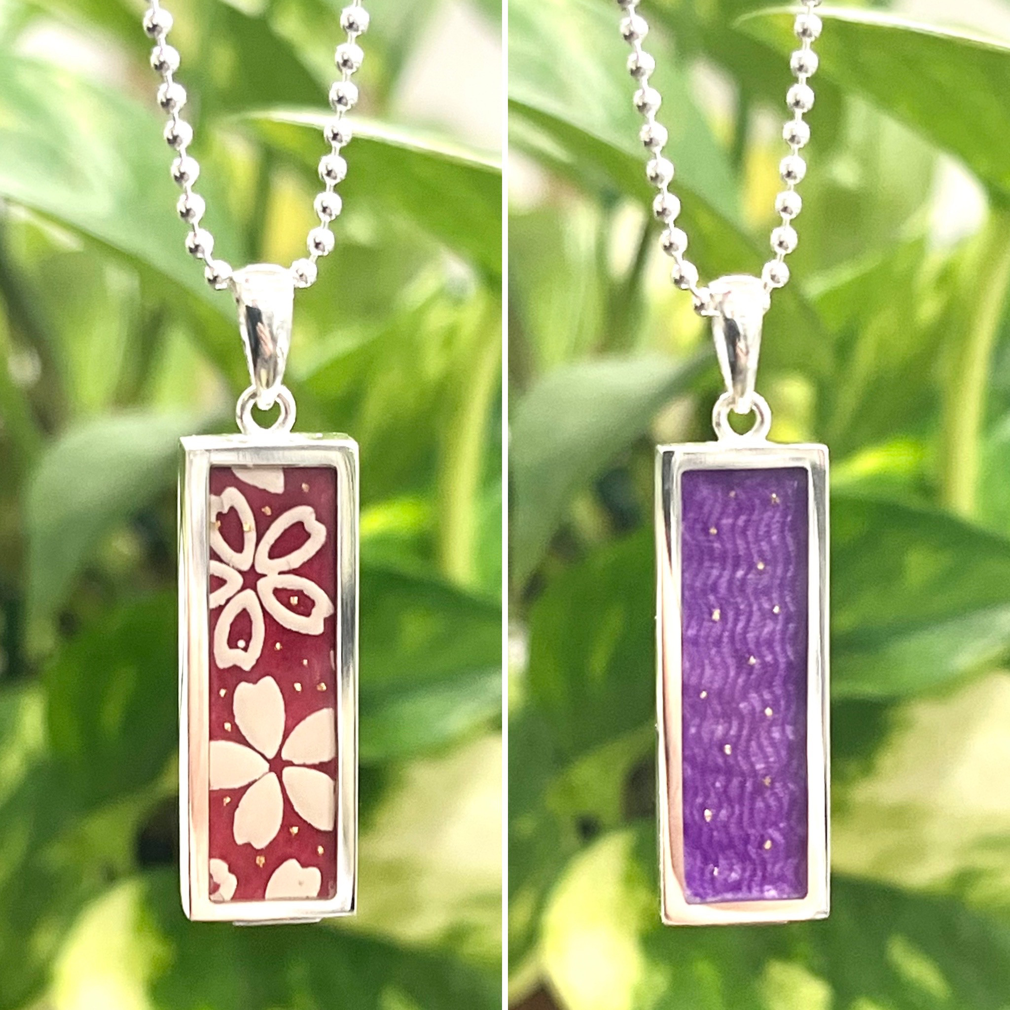 【風車】 印傳 着物生地 和柄 リバーシブル シルバー  ネックレス 赤桜・紫着物