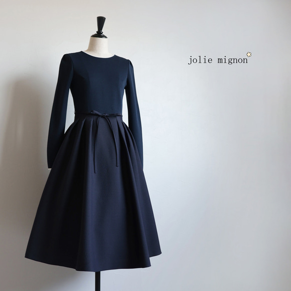 サイズが選べる◎】ウエストリボン付き ドッキングワンピース【ダーク