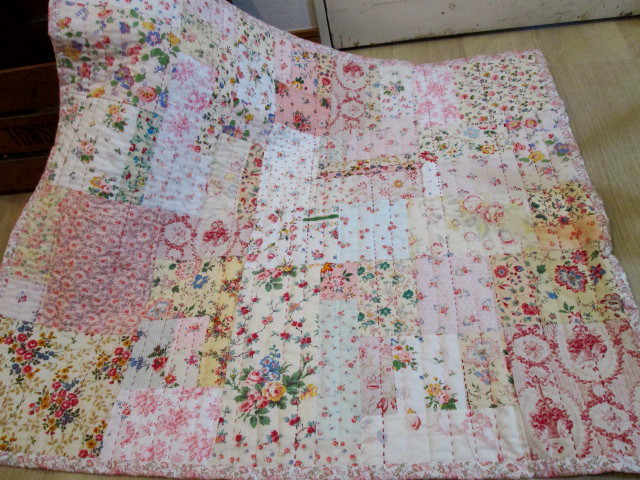 アンティーク　パッチワーク　キルト  手刺繍　ピンク　花　アメリカ アンティーク パッチワーク キルト 手刺繍 ピンク 花 アメリカ