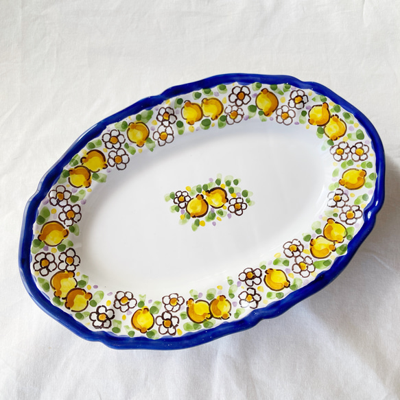 オーバル皿 26cm OVL050 マヨリカ焼き イタリア陶器　レモン柄　コバルトブルー 1枚目の画像
