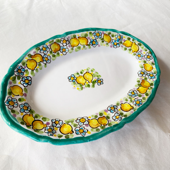 オーバル皿 26cm OVL049 マヨリカ焼き イタリア陶器　レモン柄　グリーン 3枚目の画像
