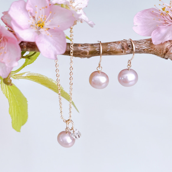 【特色】春季福袋櫻花粉紅淡水珍珠赫基默鑽石項鍊耳環套裝母親節 第1張的照片