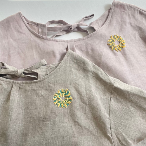 リネン100% ミモザ刺繍・エプロン割烹着 モーヴ その他ファッション