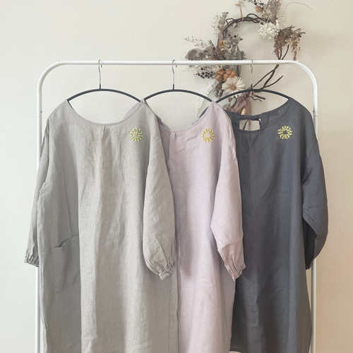 リネン100% ミモザ刺繍・エプロン割烹着 モーヴ その他