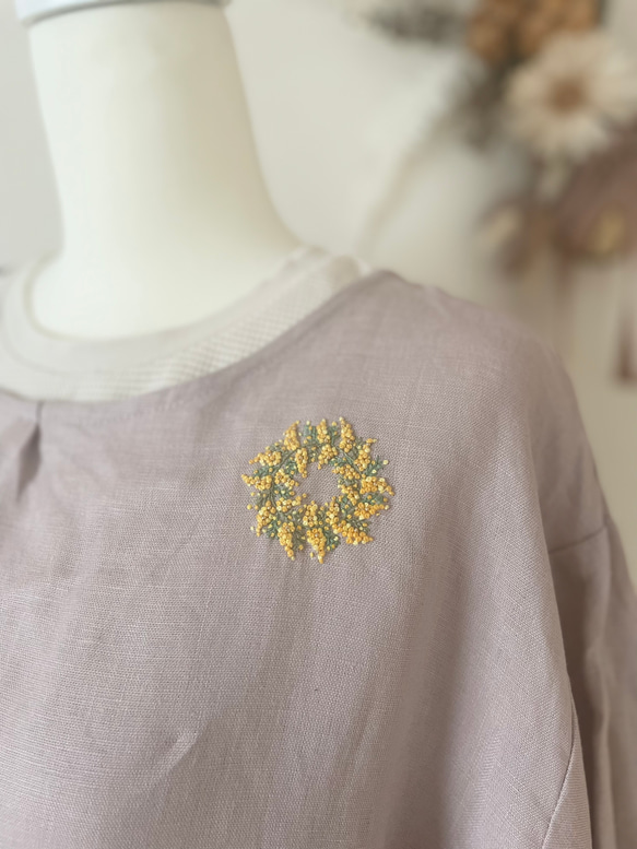 リネン100% ミモザ刺繍・エプロン割烹着 モーヴ その他ファッション