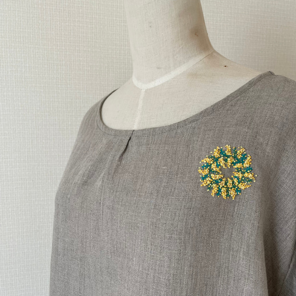 リネン100%　ミモザ刺繍・割烹着エプロン　ベージュ 8枚目の画像